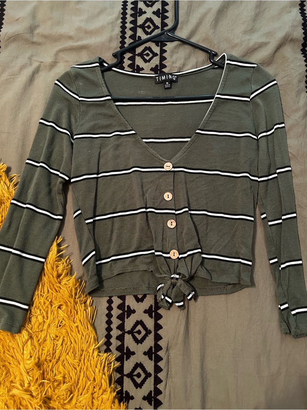 Timing Olive Striped V-Neck Tie-Front Crop Top